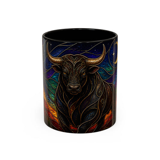 Tasse Taureau Style Vitrail – Mug Artistique Multicolore avec Lune et Taureau Mystique – Céramique 325ml