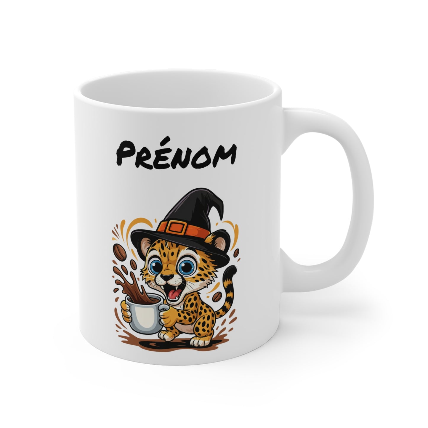Tasse Personnalisable Léopard Sorcier Café – Mug Prénom Céramique 325ml – Cadeau Drôle Halloween Animal Illustré