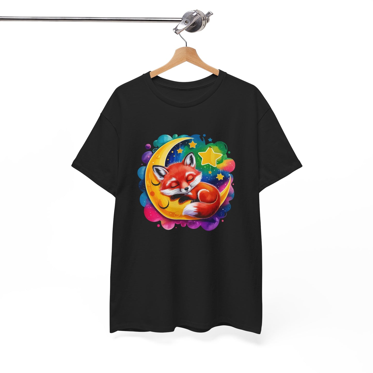 T-Shirt Renard Mignon Dormant sur Lune – Tee Shirt Nuit Étoilée Fantaisie – Cadeau Animal Cute Rêve Noir Blanc Gris