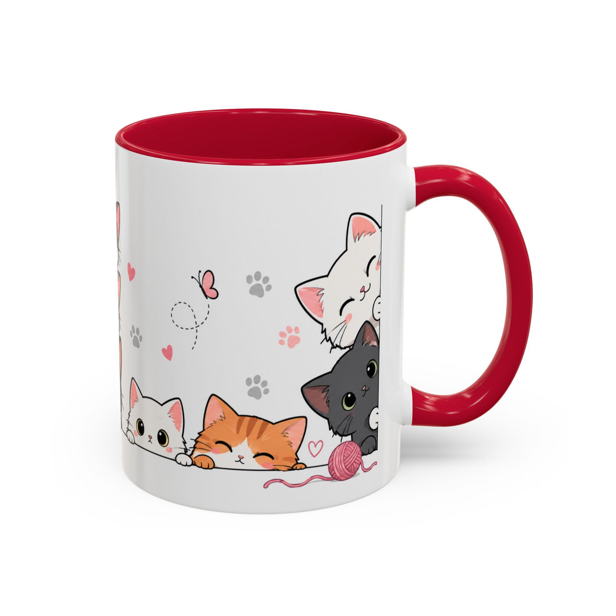 Mug Chats Mignons et Colorés – Tasse avec Petits Chats, Cœurs, Papillons et Pelote de Laine – Cadeau Original Amoureux des Chats