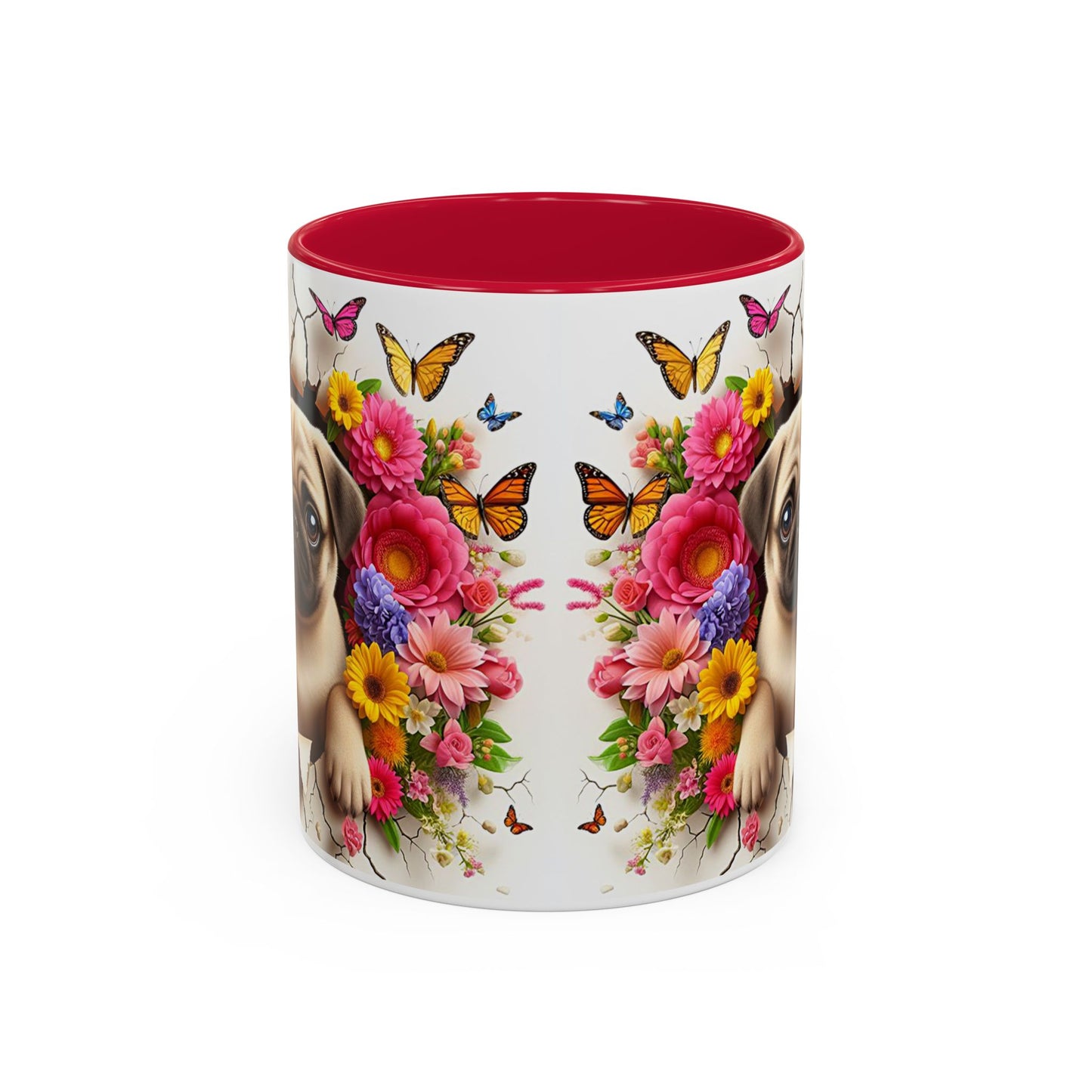 Mug Carlin Kawaii – Tasse Chiot Carlin avec Fleurs Colorées et Papillons – Cadeau Amoureux des Chiens 325ml
