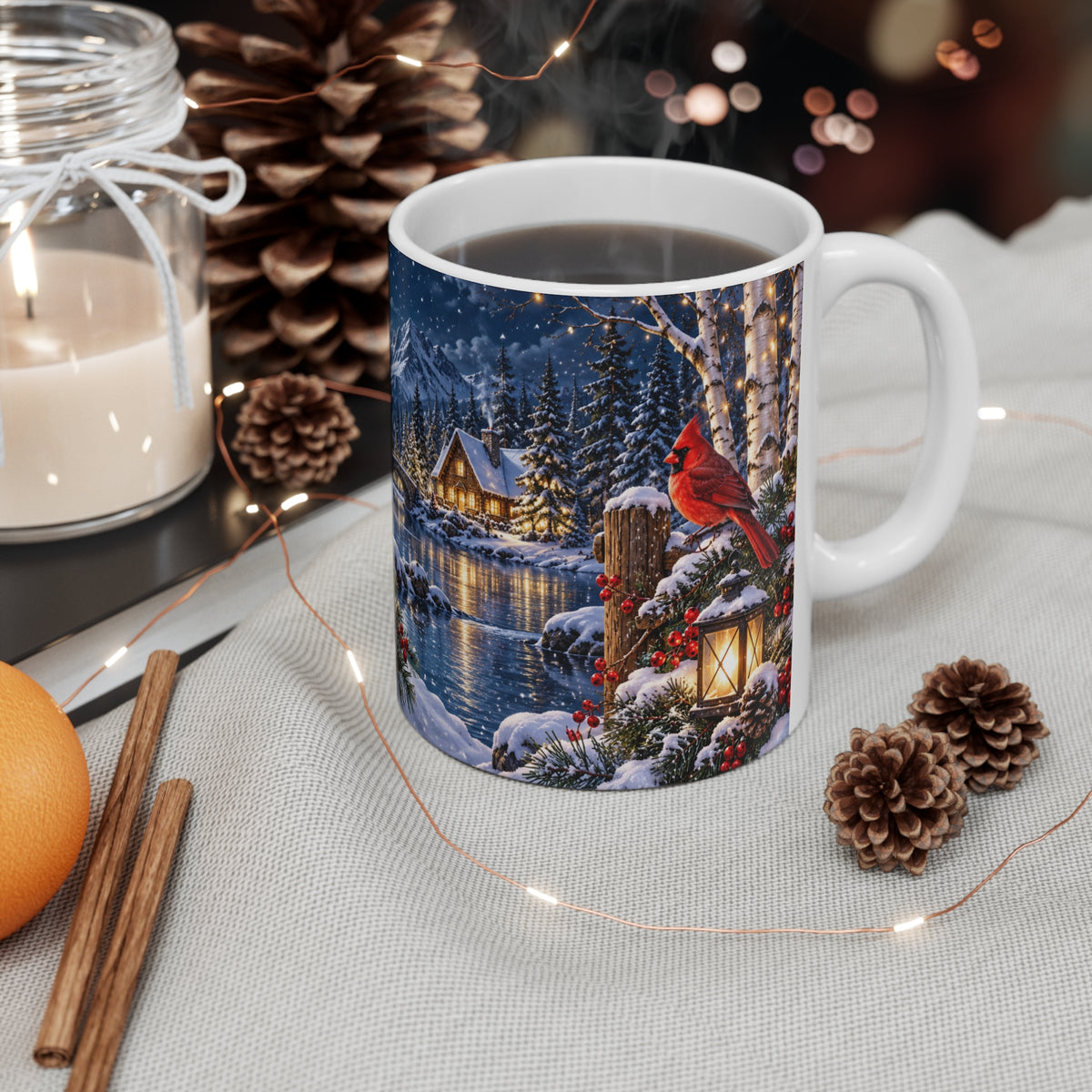 Mug Oiseaux Rouges dans un Paysage de Noël – Tasse Hiver avec Chalet, Neige, Lune et Lanternes – Cadeau Original Nature