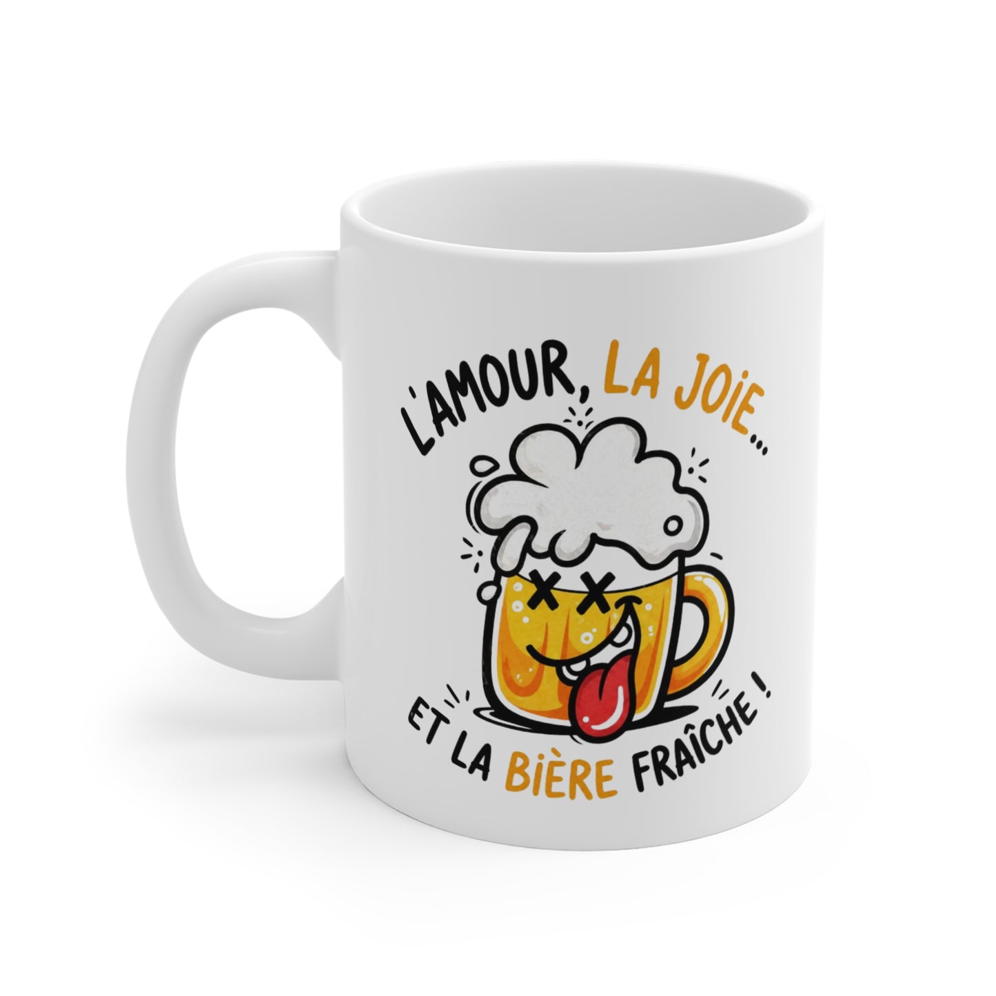 Tasse L’Amour La Joie et la Bière Fraîche – Mug Humour Apéro – Cadeau Drôle Homme Femme 325ml