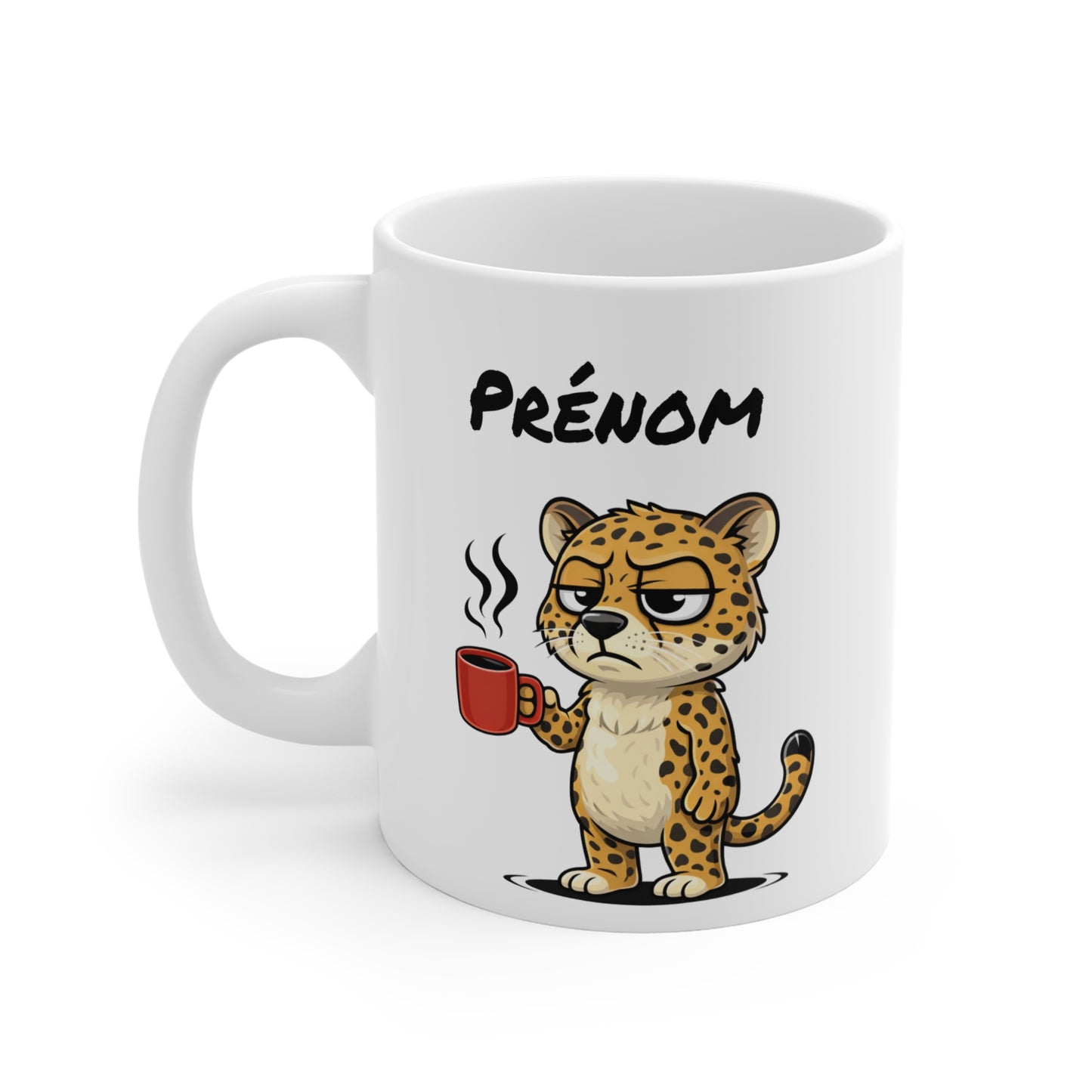 Mug Léopard Fatigué Personnalisable 325ml – Tasse Café Humour Animal Sauvage Drôle Réveil Difficile Bureau