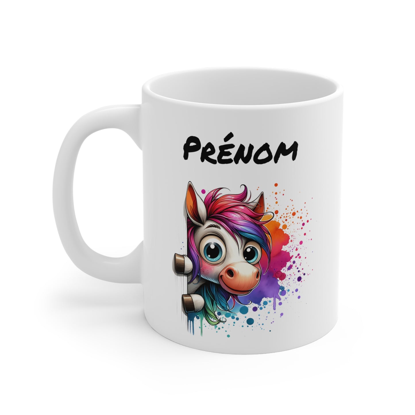 Tasse Personnalisable Cheval Blanc Mignon – Mug Prénom Illustration Arc-en-Ciel Colorée – Cadeau Animal Fantaisie 325ml