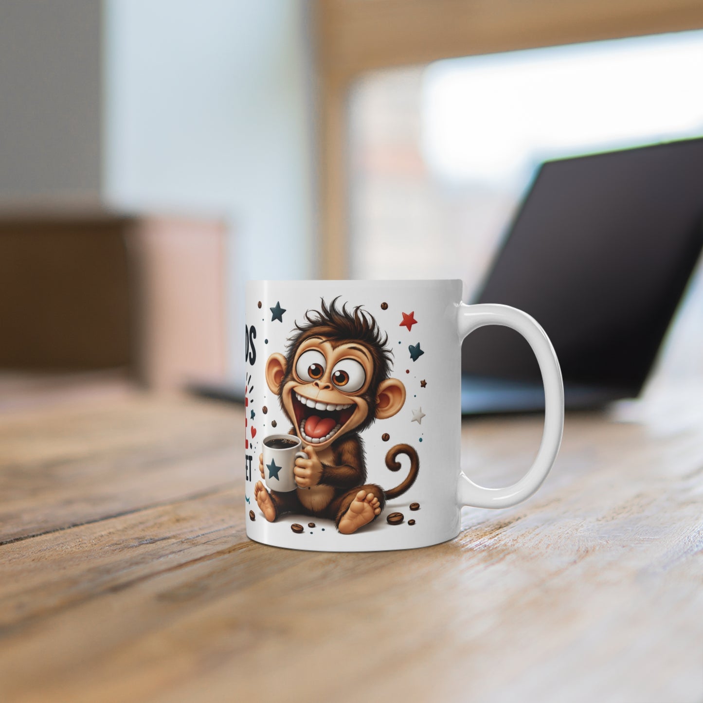 Tasse J’Attends Que Le Café Fasse Effet – Mug Singe Humour Café – Cadeau Drôle Homme Femme 325ml