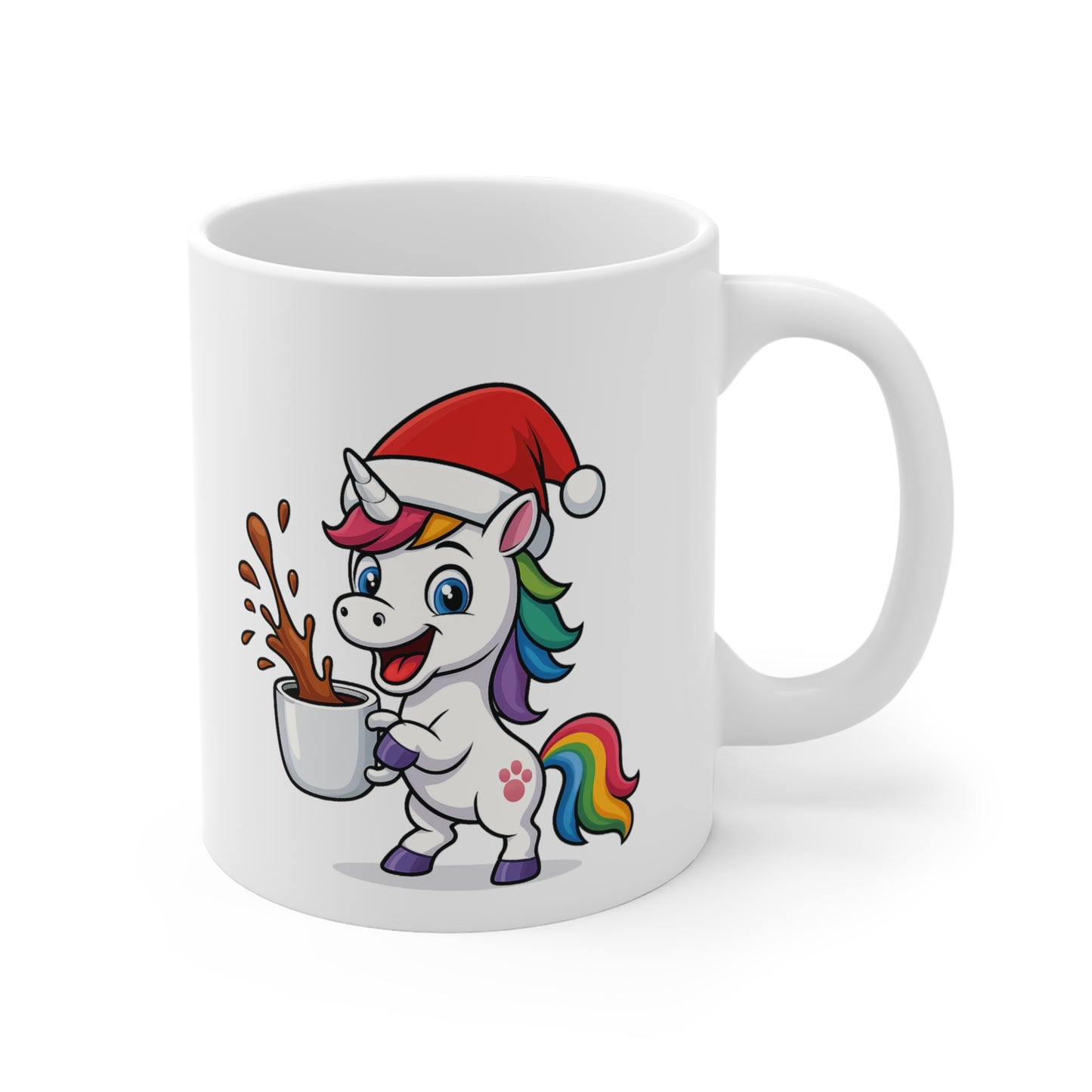 Mug Licorne Noël 325ml – Tasse Céramique Mignonne Arc-en-Ciel avec Bonnet Rouge – Cadeau Fêtes