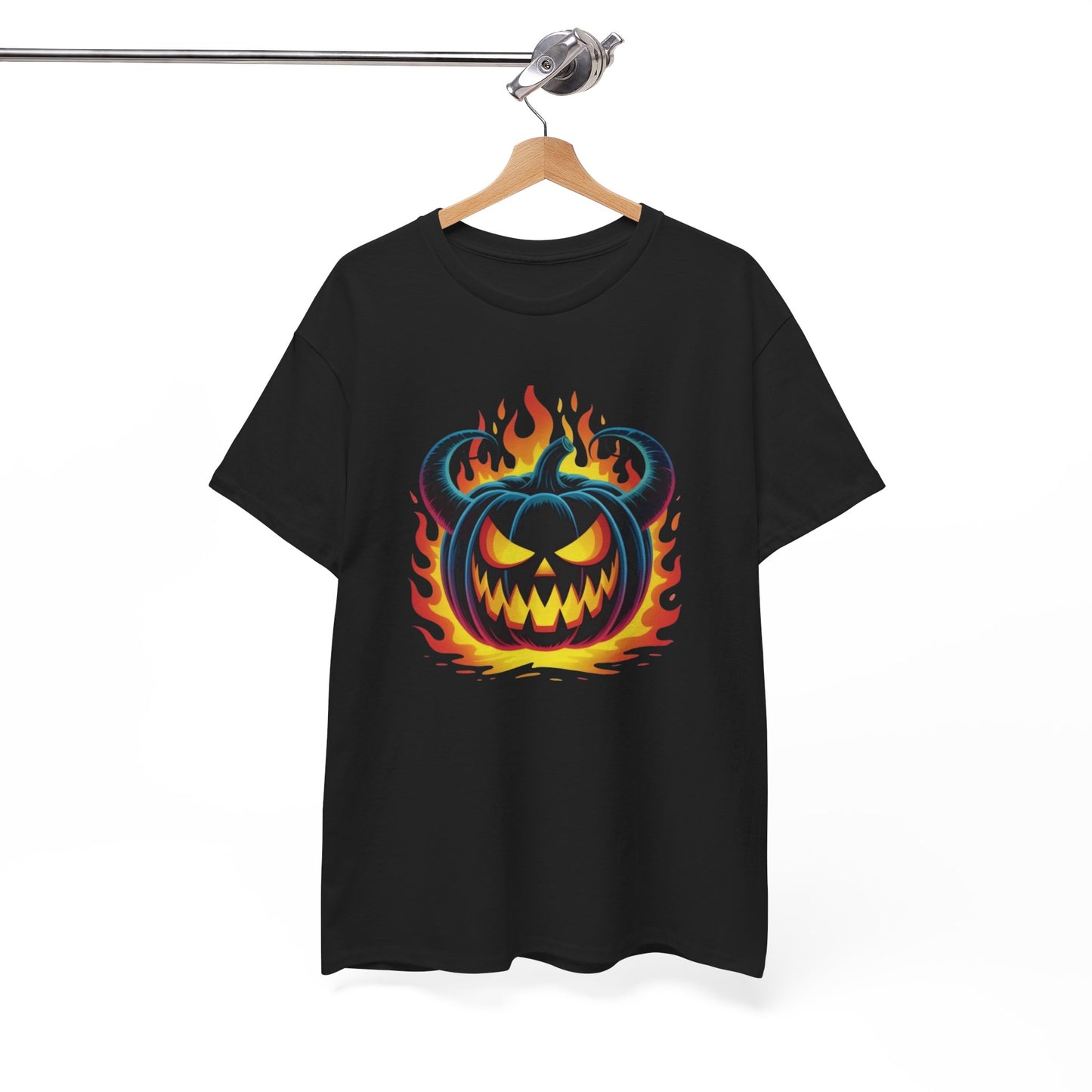 T-Shirt Halloween Citrouille Démoniaque Feu Adulte – Tee Shirt Jack O Lantern Effrayant – Design Horreur Fantaisie Noir Blanc Gris
