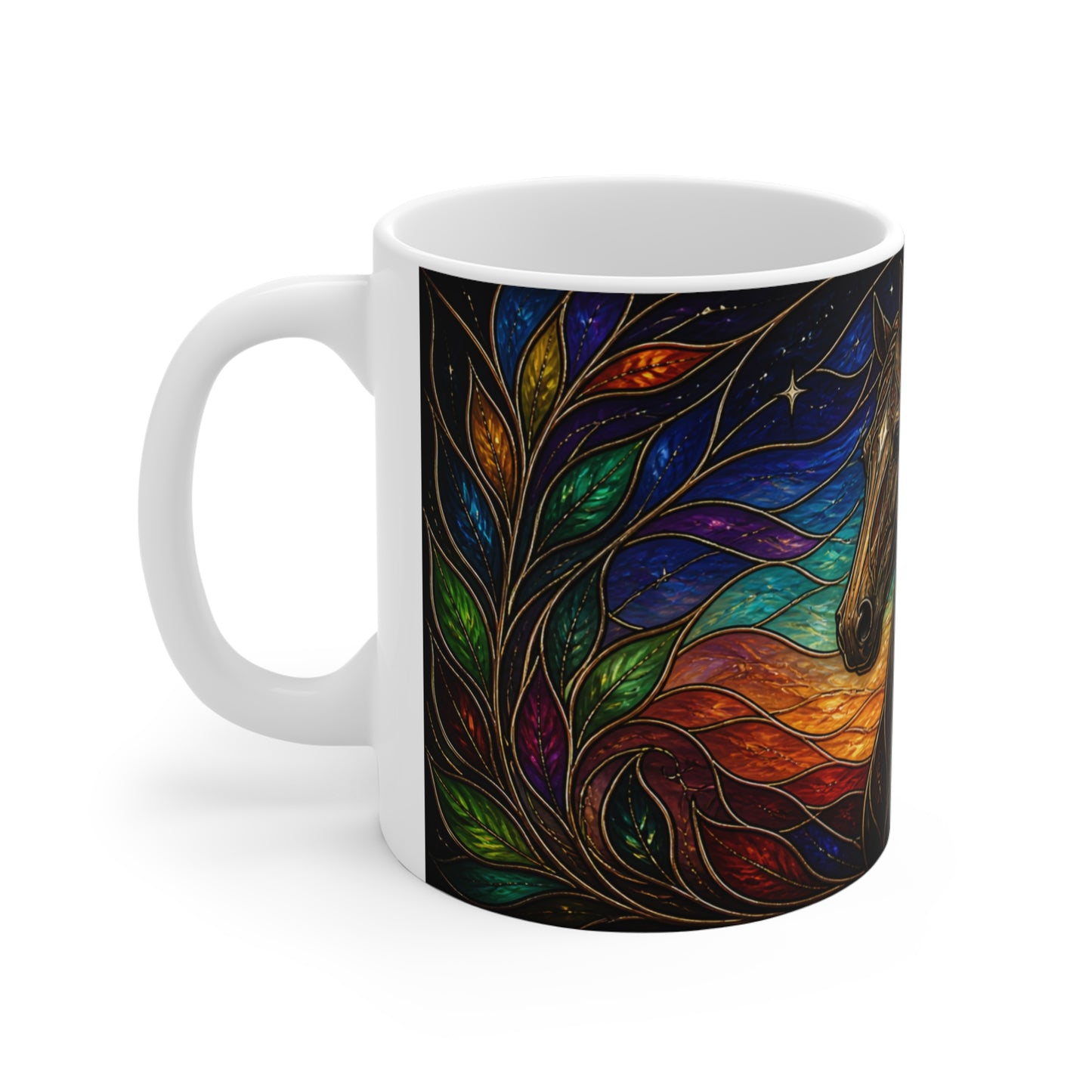 Mug Tasse Cheval Mystique Vitrail – Mug Cheval Fantasy Lune Étoiles Art Coloré Équestre Cadeau Homme Femme Enfant 325ml