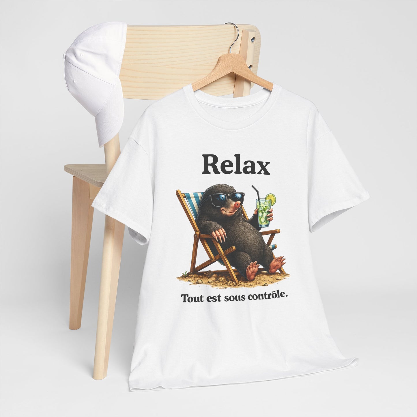 T-Shirt Humour Homme et Femme – Taupe Relax Détente Vacances – Animal Drôle avec Lunettes – Cadeau Original – Blanc et Gris