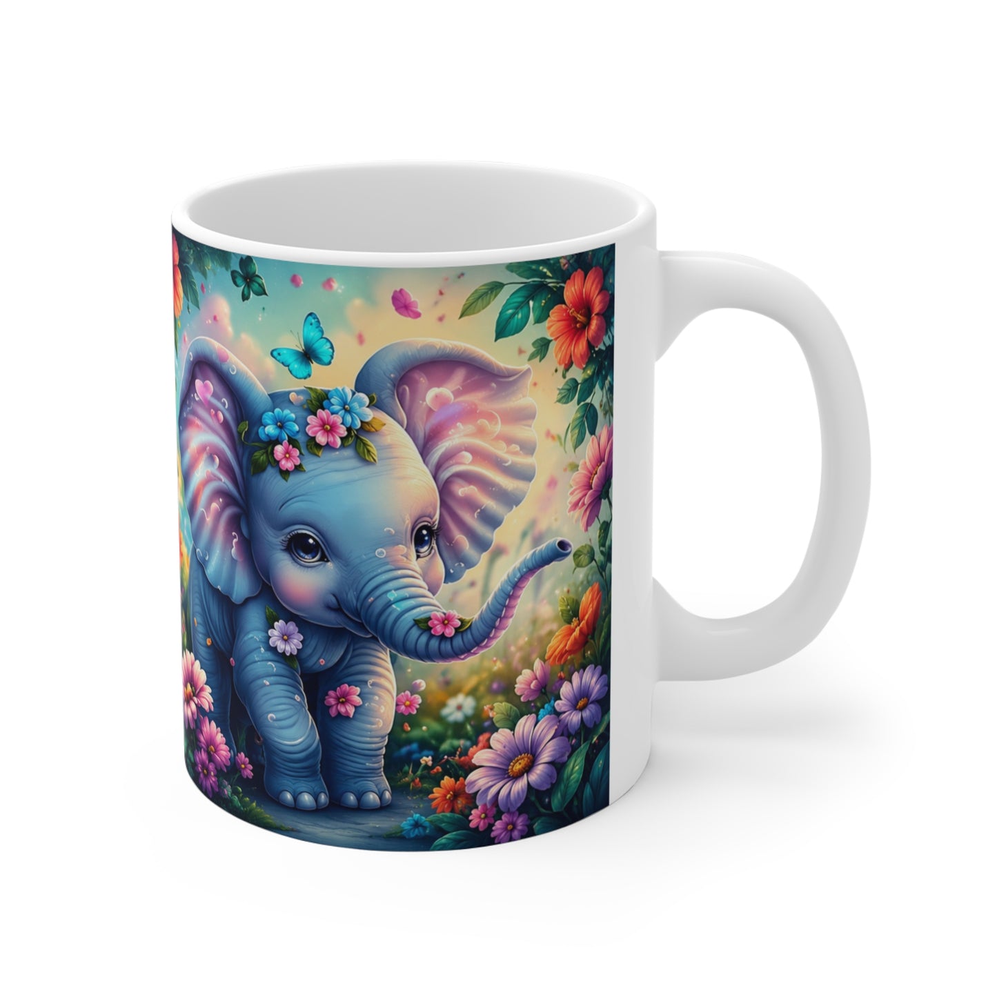 Tasse Éléphants Bébé Fantaisie – Mug Floral Coloré Féérique – Cadeau Femme Enfant 325ml