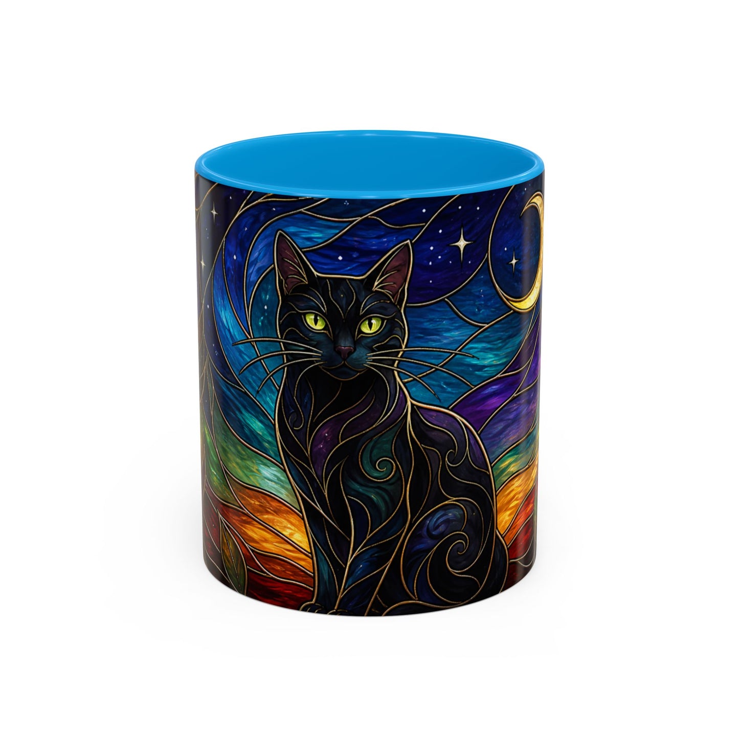 Tasse Chat Noir Style Vitrail – Mug Artistique Multicolore avec Lune et Chat Mystique – Céramique 325ml