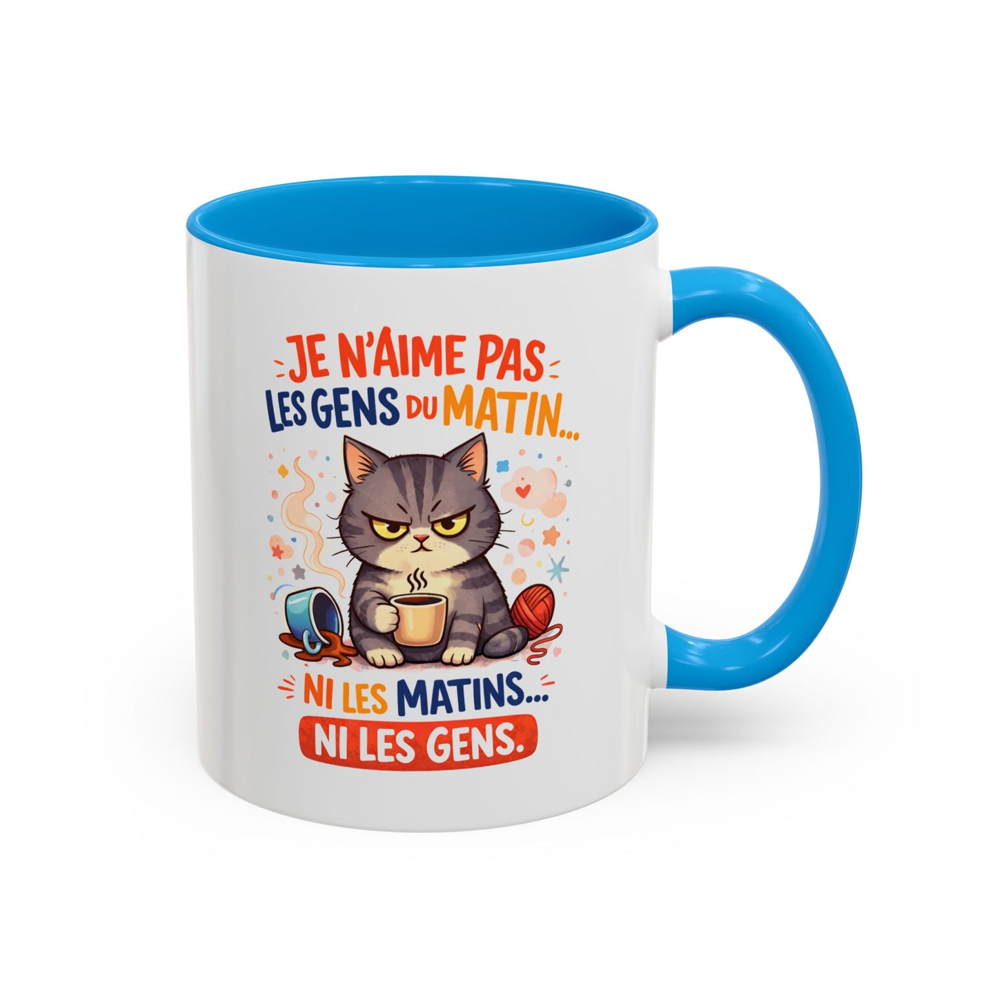 Tasse Chat Drôle “Je n’aime pas les gens du matin” – Mug Humour Chat Café Noir Bleu Rouge – Cadeau Original Amoureux des Chats 325ml