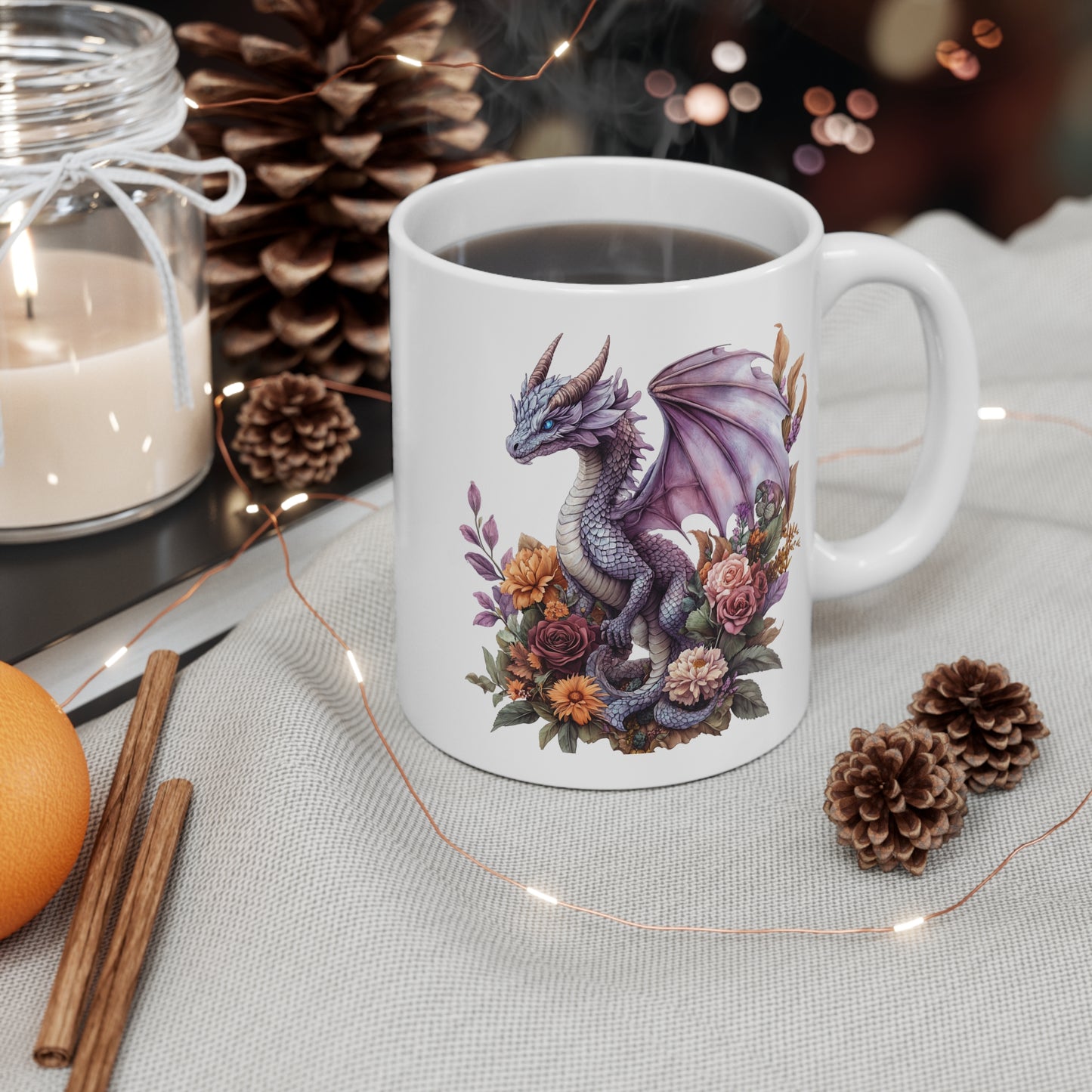 Mug Dragon Lavande et Fleurs – Tasse Fantasy Poétique et Féérique – Cadeau Magique Céramique 325ml