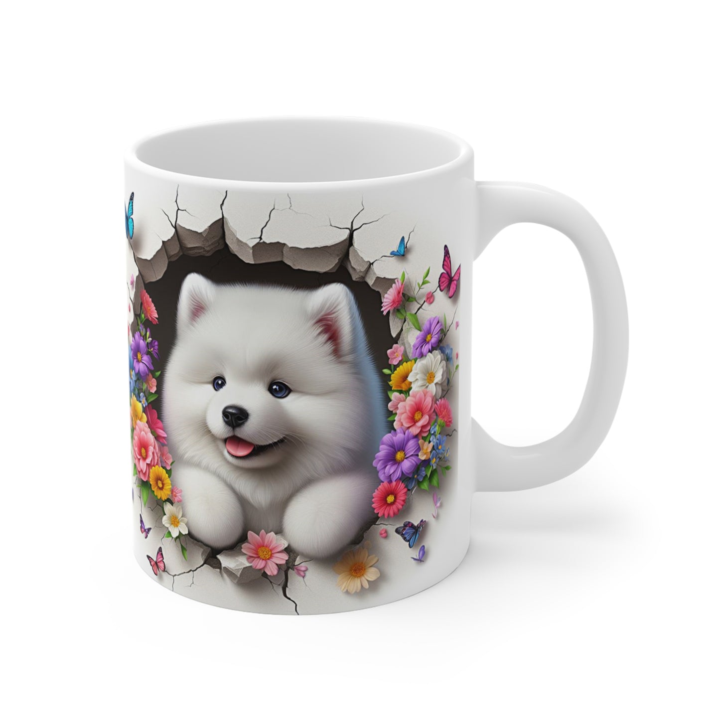 Tasse Chiot Blanc & Papillons – Mug Fleuris Coloré Printemps – Cadeau Mignon 325ml