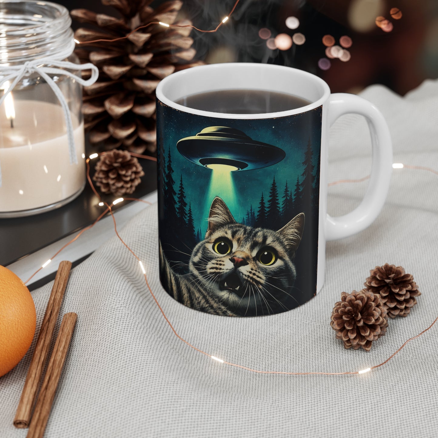 Tasse Chat OVNI Vintage – Mug Humour Extraterrestre et Espace – Cadeau Homme Femme 325ml