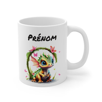 Mug Personnalisé Bébé Dragon Féérique 325ml – Tasse Céramique Prénom Fantasy Kawaii avec Papillons