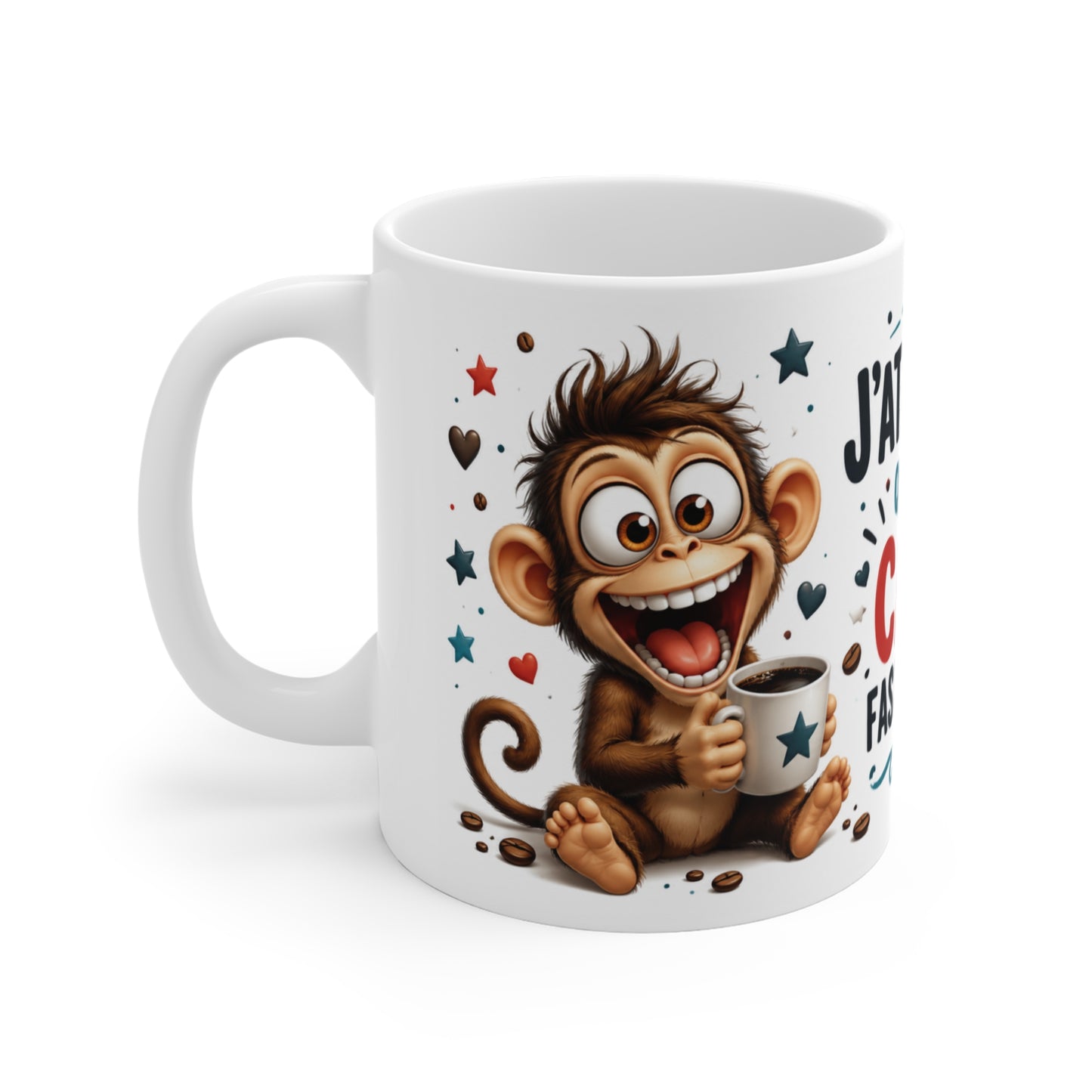 Tasse J’Attends Que Le Café Fasse Effet – Mug Singe Humour Café – Cadeau Drôle Homme Femme 325ml