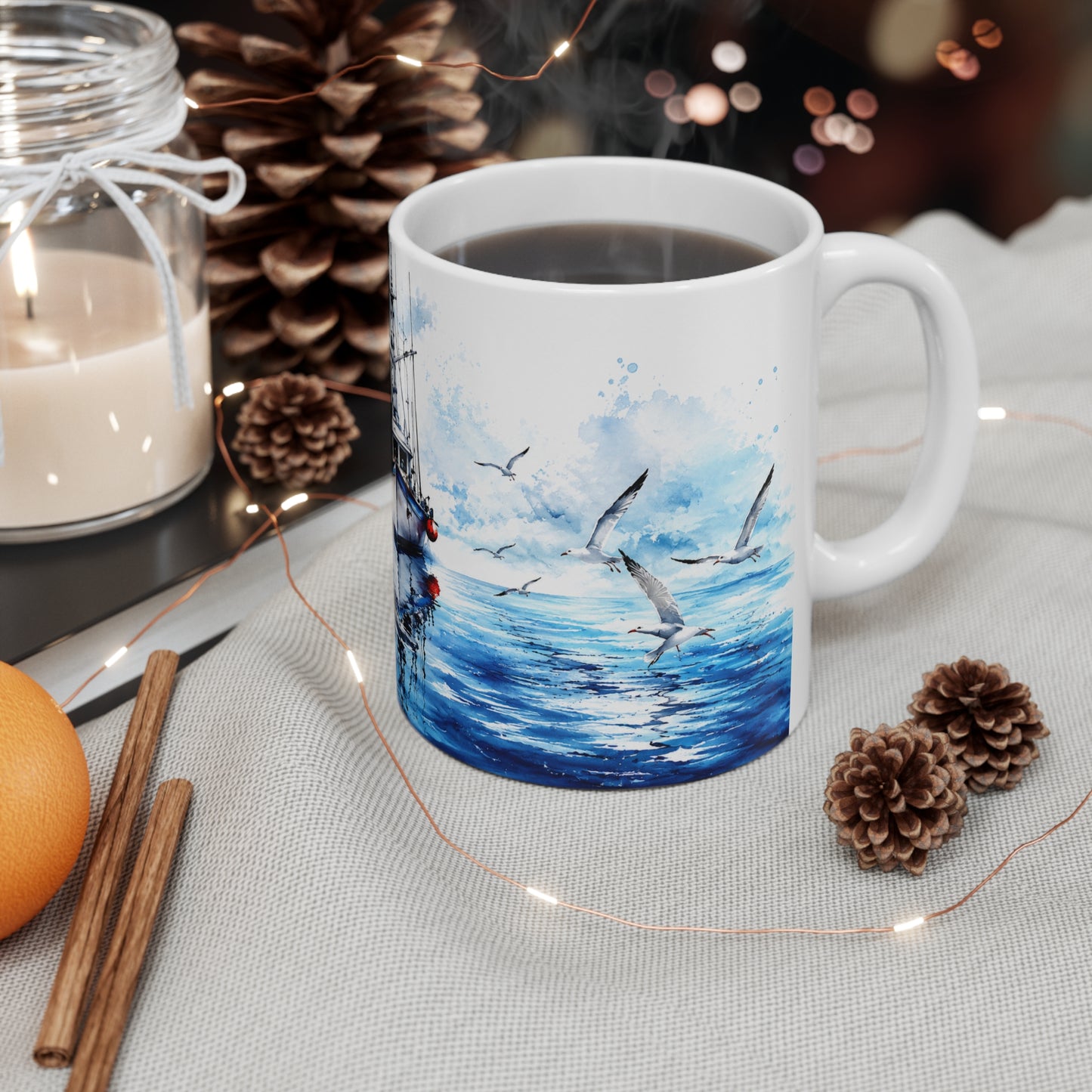 Tasse Bateau de Pêche Aquarelle – Mug Marin avec Mouettes et Océan – Cadeau Pêcheur Homme Femme 325ml