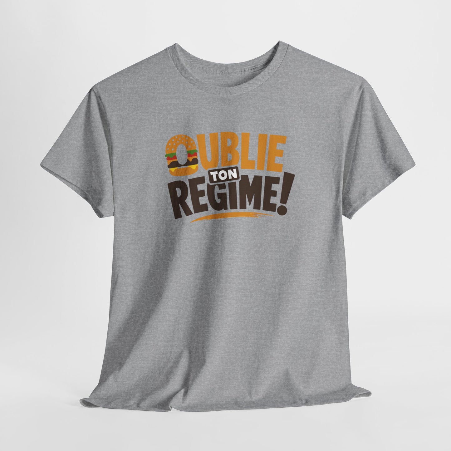 T-Shirt Oublie Ton Régime Homme Femme – Tee Shirt Humour Burger – Cadeau Gourmand Drôle Noir Blanc Gris