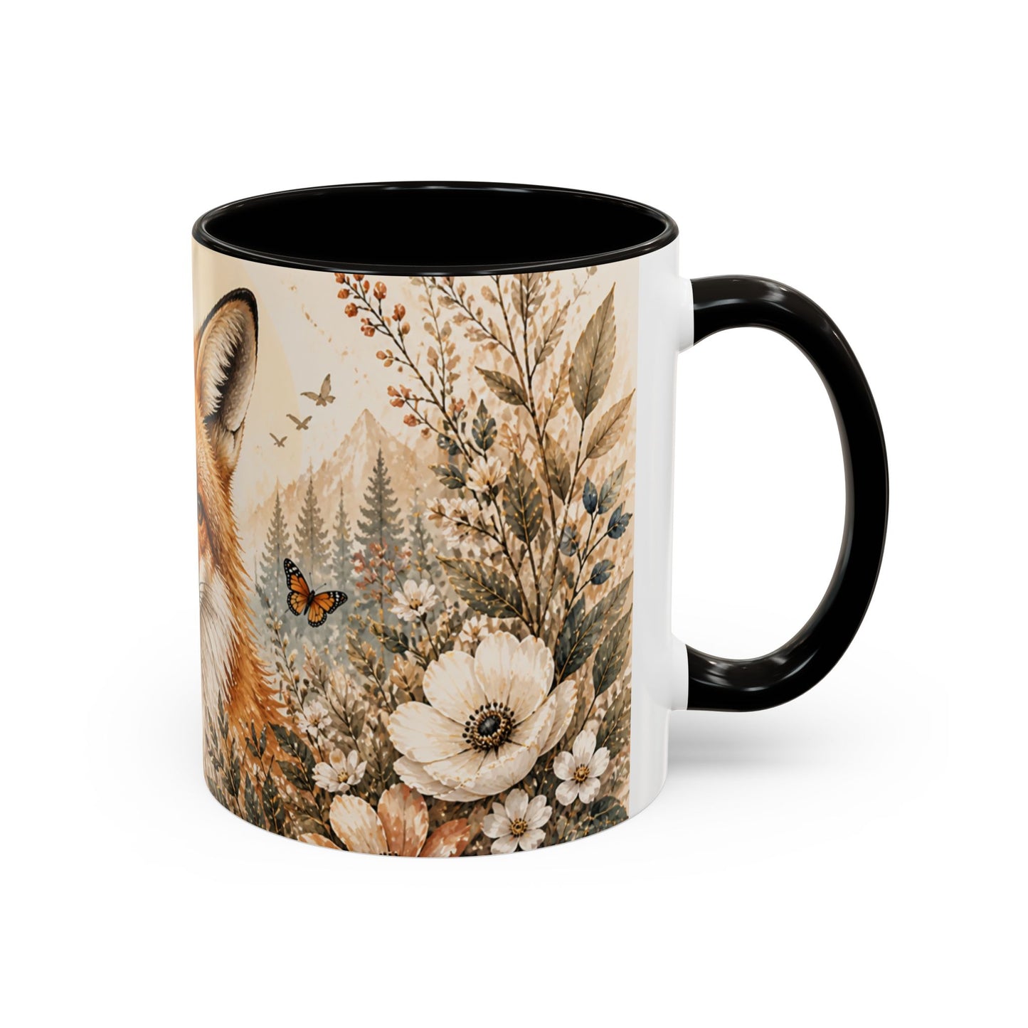 Tasse Renard Floral Bohème – Mug Renard Aquarelle avec Fleurs Sauvages et Papillons – Design Nature Chic 325ml