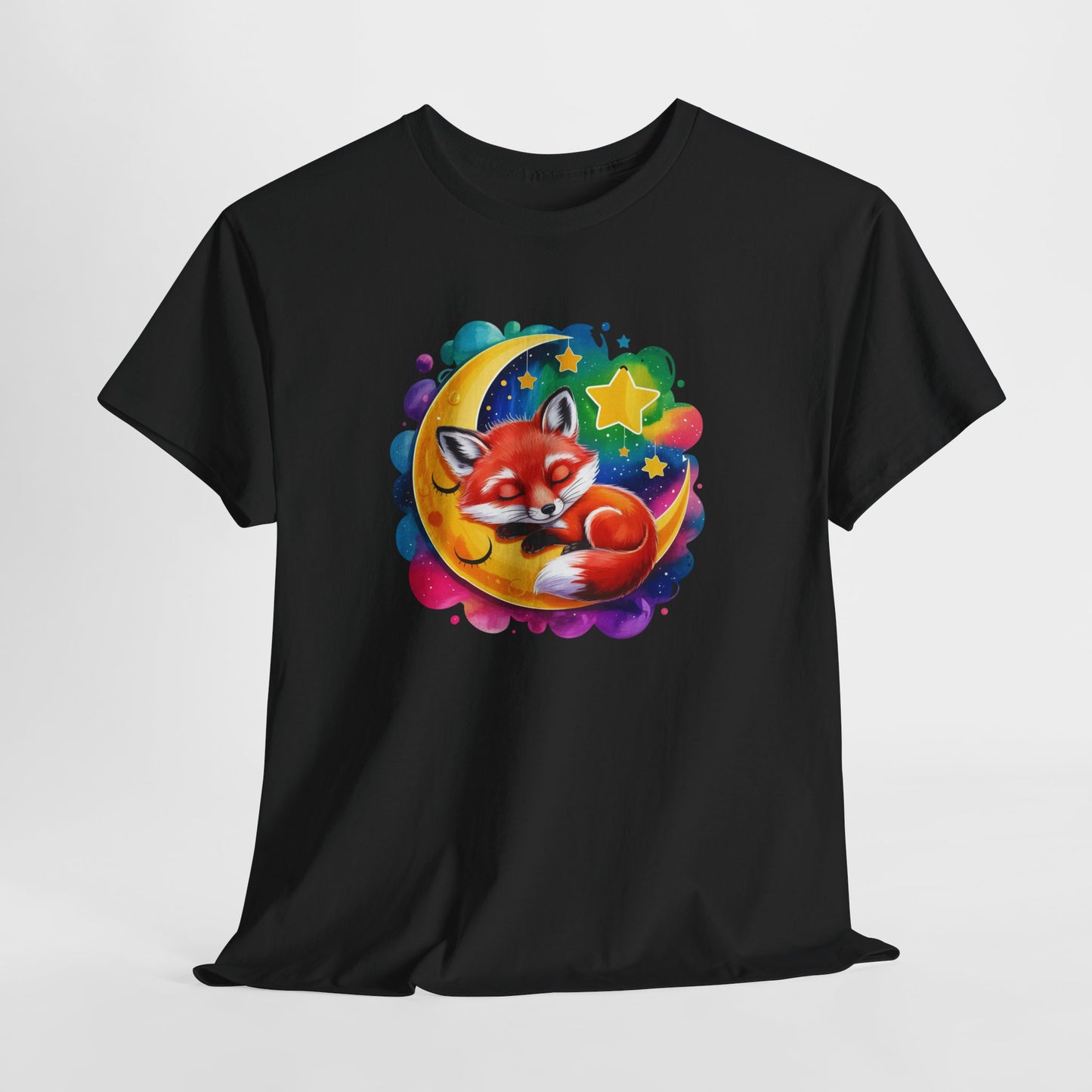 T-Shirt Renard Mignon Dormant sur Lune – Tee Shirt Nuit Étoilée Fantaisie – Cadeau Animal Cute Rêve Noir Blanc Gris