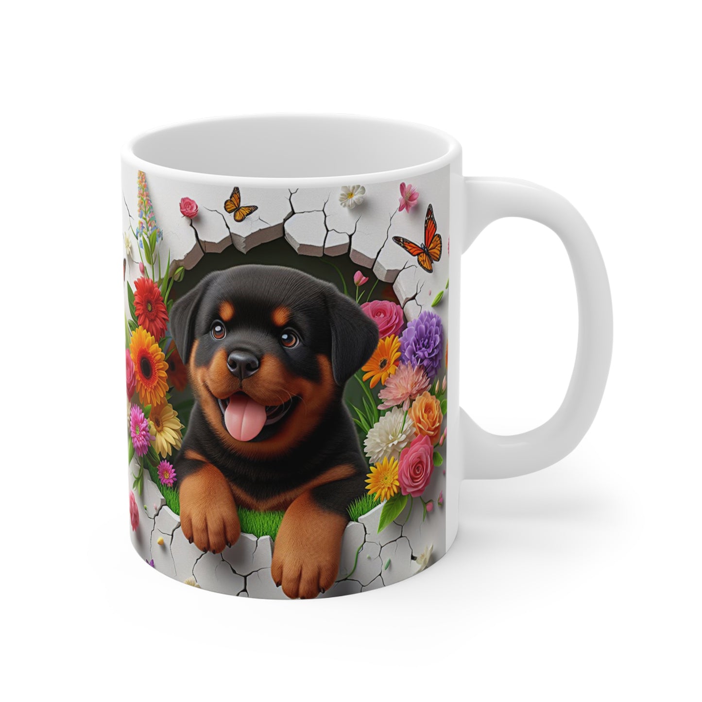 Tasse Céramique Rottweiler et Fleurs – Mug Chien Mignon Papillons – Cadeau Animaux Bohème 325ml