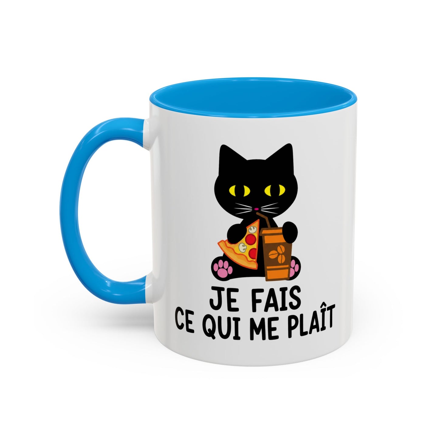Tasse Chat Homme et Femme – Je Fais Ce Qui Me Plaît – Mug Humour Chat avec Pizza et Café – Cadeau Original Amoureux des Chats – 325 ml