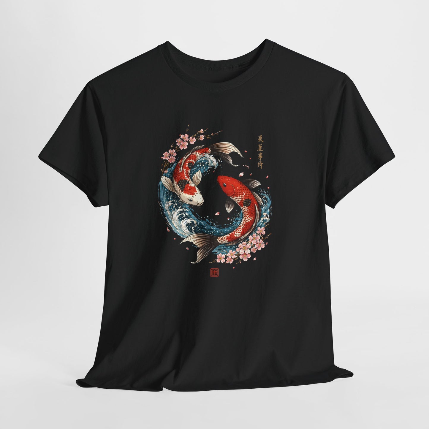 T-Shirt Carpe Koi Japonaise Yin Yang – Design Sakura et Vagues – Tee-Shirt Art Japonais Traditionnel