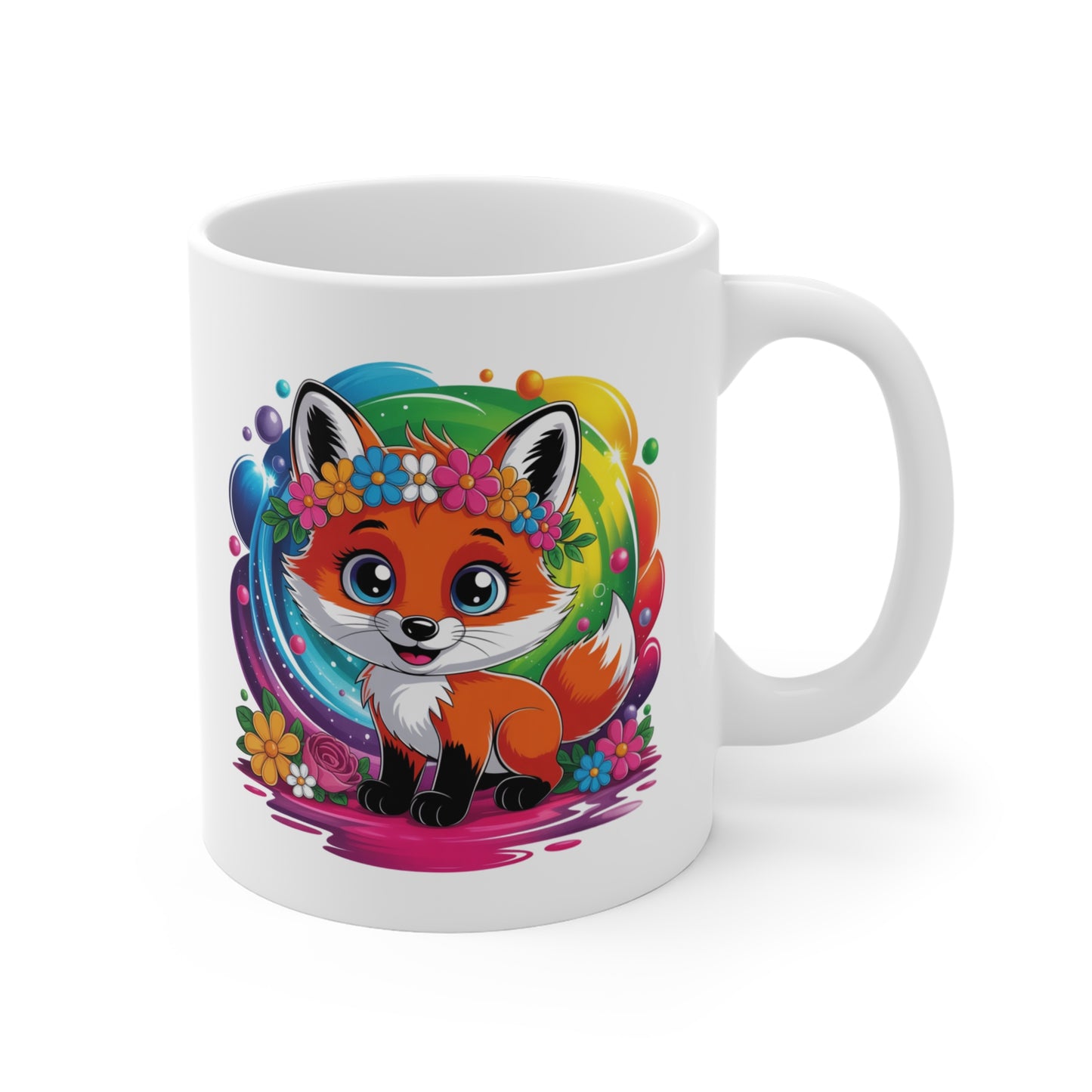 Mug Renard Kawaii avec Couronne de Fleurs – Tasse Renarde Cute Arc-en-Ciel – Design Animal Mignon et Féérique – Cadeau Original pour Enfants, Filles et Amoureux des Renards – Céramique 325ml...