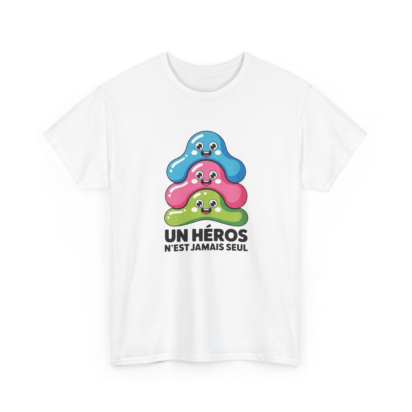 T-Shirt Mignon Kawaii Homme Femme – Tee Shirt Héros Jamais Seul – Cadeau Cute Fun Noir Blanc Gris