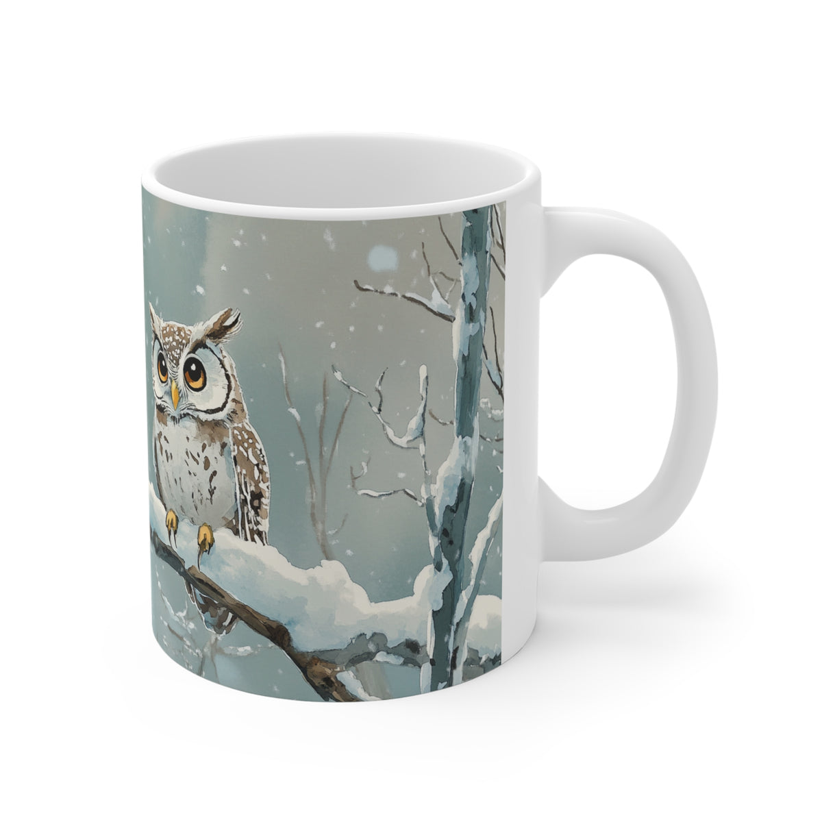 Mug Hiboux dans la Neige – Tasse Hiver Forêt Enneigée Style Aquarelle – Cadeau Original Noël Amoureux des Oiseaux