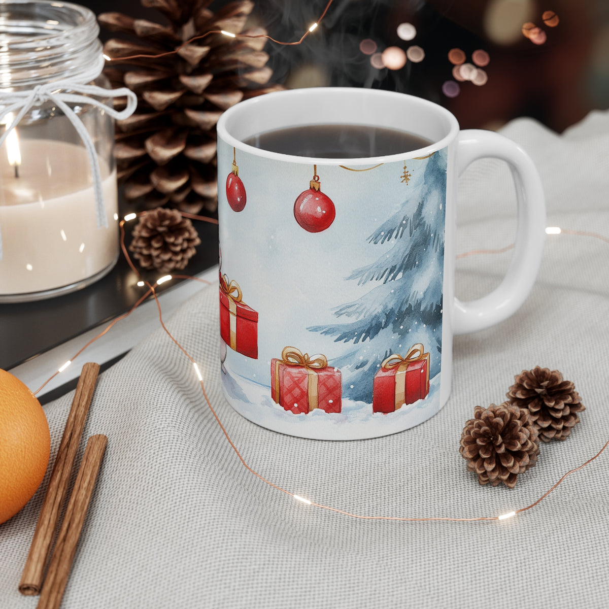 Mug Lapin de Noël avec Cadeaux – Tasse Hiver Sapins Enneigés Style Aquarelle – Cadeau de Noël Homme Femme