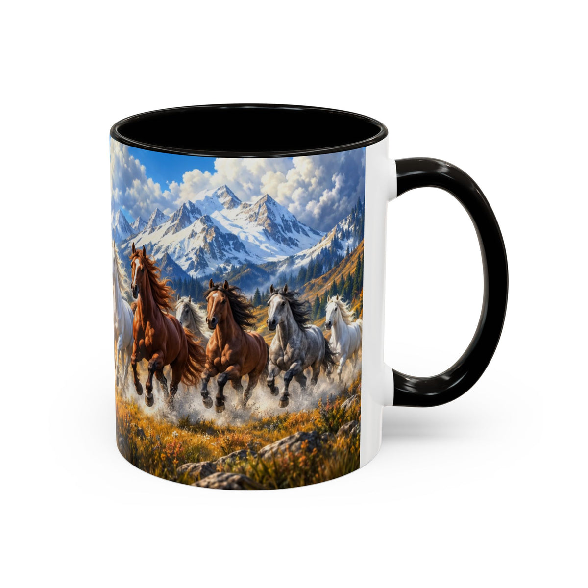 Mug Chevaux au Galop dans les Montagnes – Tasse Paysage Nature avec Troupeau de Chevaux – Cadeau Original Amoureux des Chevaux