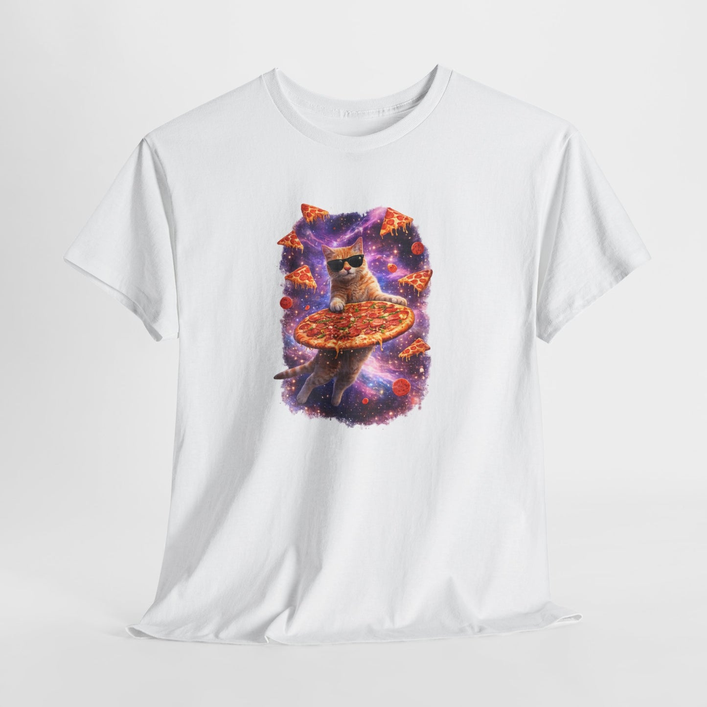 Tee Shirt Chat Pizza Galaxie – Chat drôle lunettes soleil espace – Cadeau humour Blanc Gris Noir