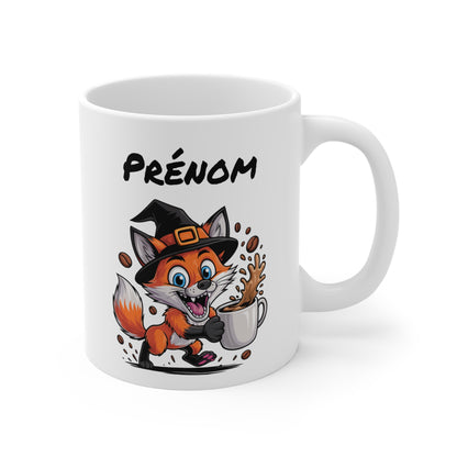 Tasse Personnalisable Renard Sorcier Café – Mug Prénom Céramique 325ml – Cadeau Drôle Halloween Animal Illustré