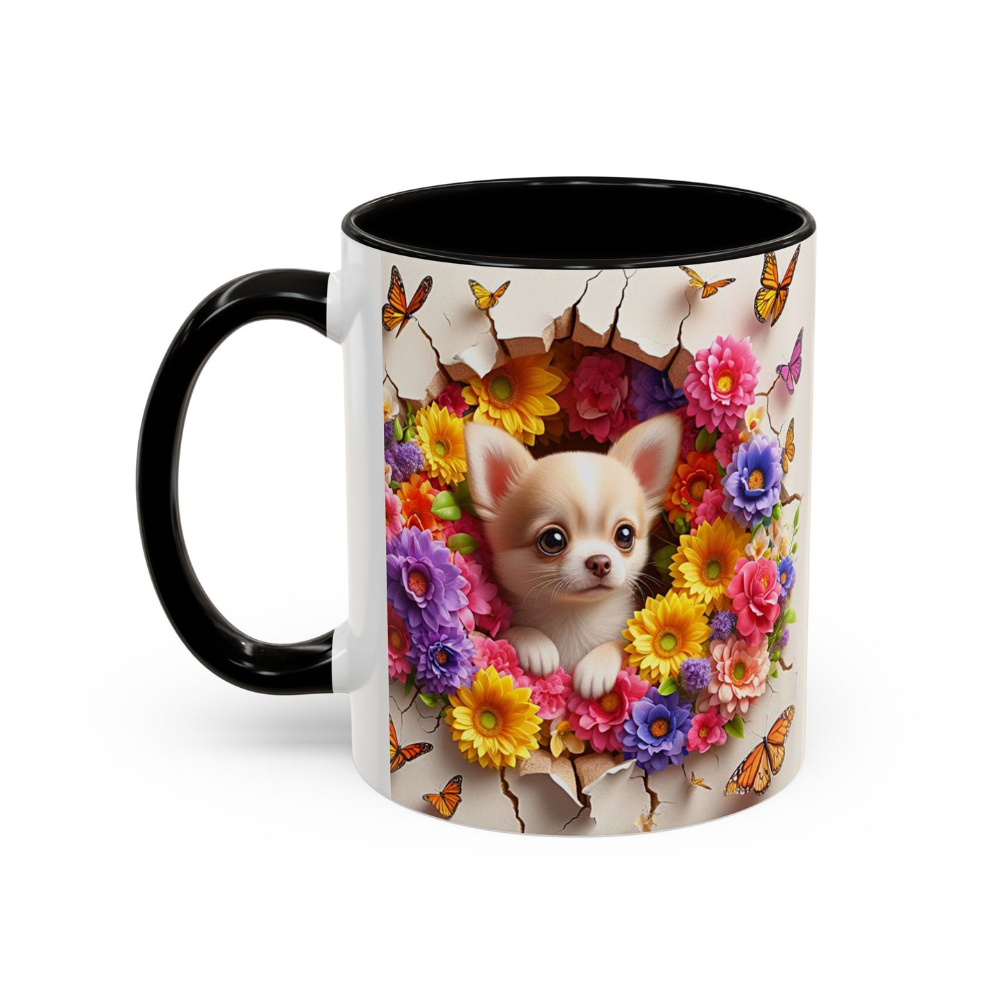 Mug Chihuahua Kawaii – Tasse Petit Chien avec Fleurs Colorées et Papillons – Cadeau Amoureux des Chiens 325ml