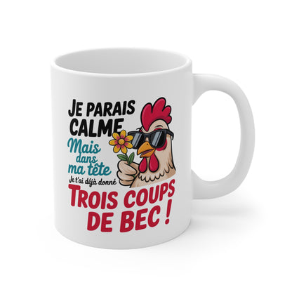 Tasse Céramique 325ml “Trois Coups de Bec” – Mug Poule Humour – Je Parais Calme mais Dans ma Tête…