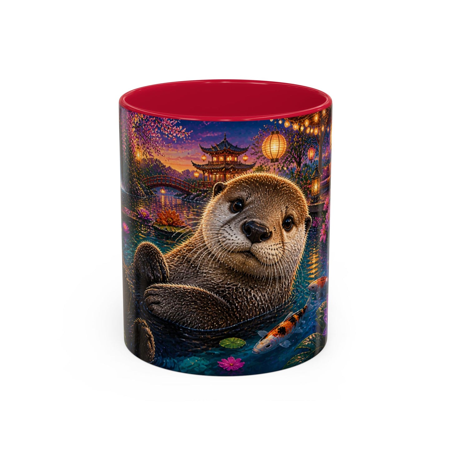 Tasse Loutre et Carpes Koi – Mug Jardin Japonais et Fleurs Tropicales – Design Artistique Relaxant – Céramique 325ml