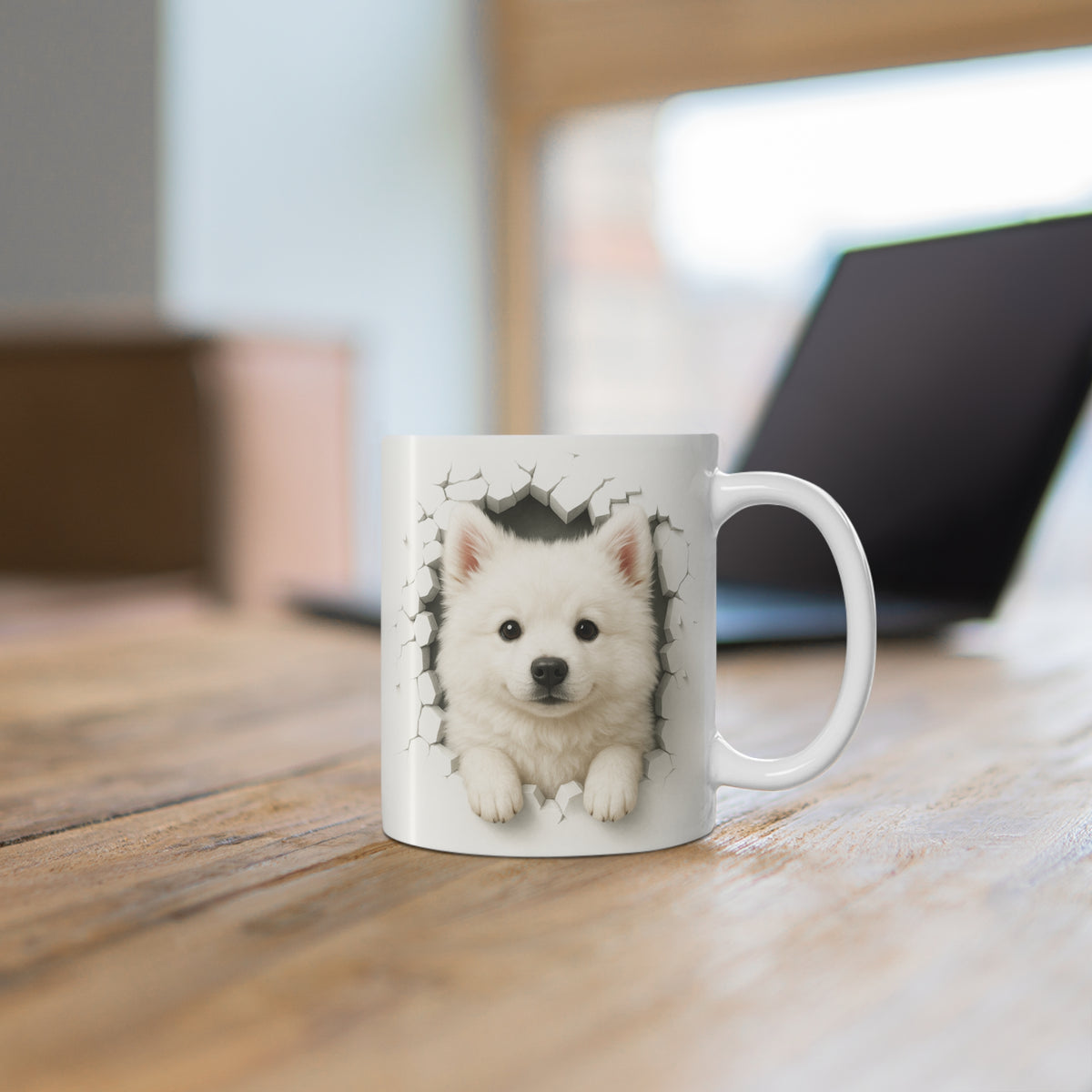 Mug Spitz Blanc Effet Mur Cassé – Tasse Chien 3D Trompe-l’œil – Cadeau Original Amoureux du Spitz