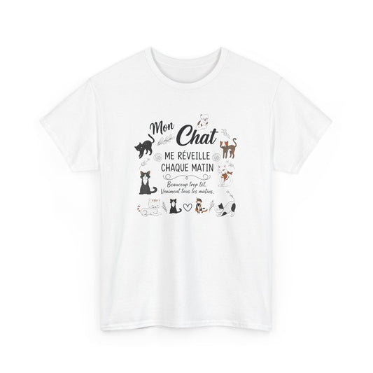 Tee Shirt Chat Homme Femme – Humour Réveil Matin et Fatigue – Idée Cadeau Amoureux des Chats Propriétaire de Félin