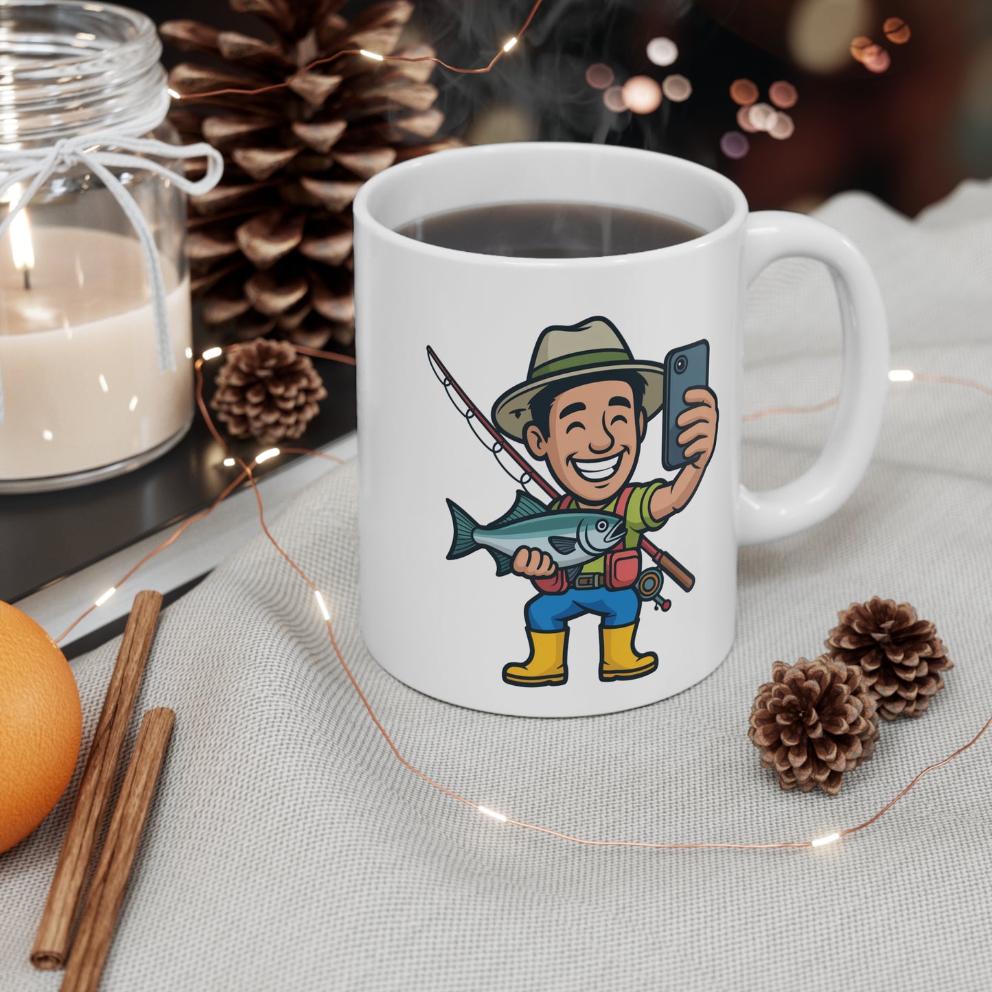Mug Pêcheur Selfie – Tasse Humour Poisson et Canne à Pêche – Cadeau Original pour Amateur de Pêche et Nature