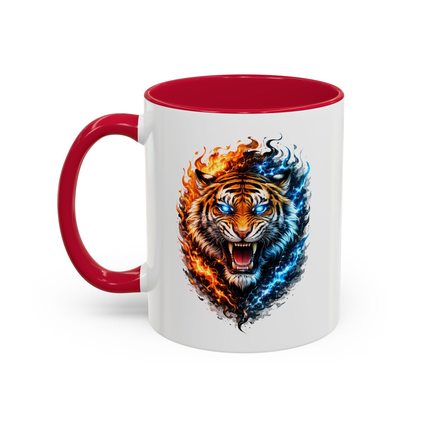 Tasse Tigre Feu Glace 325ml – Mug Céramique Design Animal Puissant Bleu Rouge Noir – Cadeau Original Fantaisie