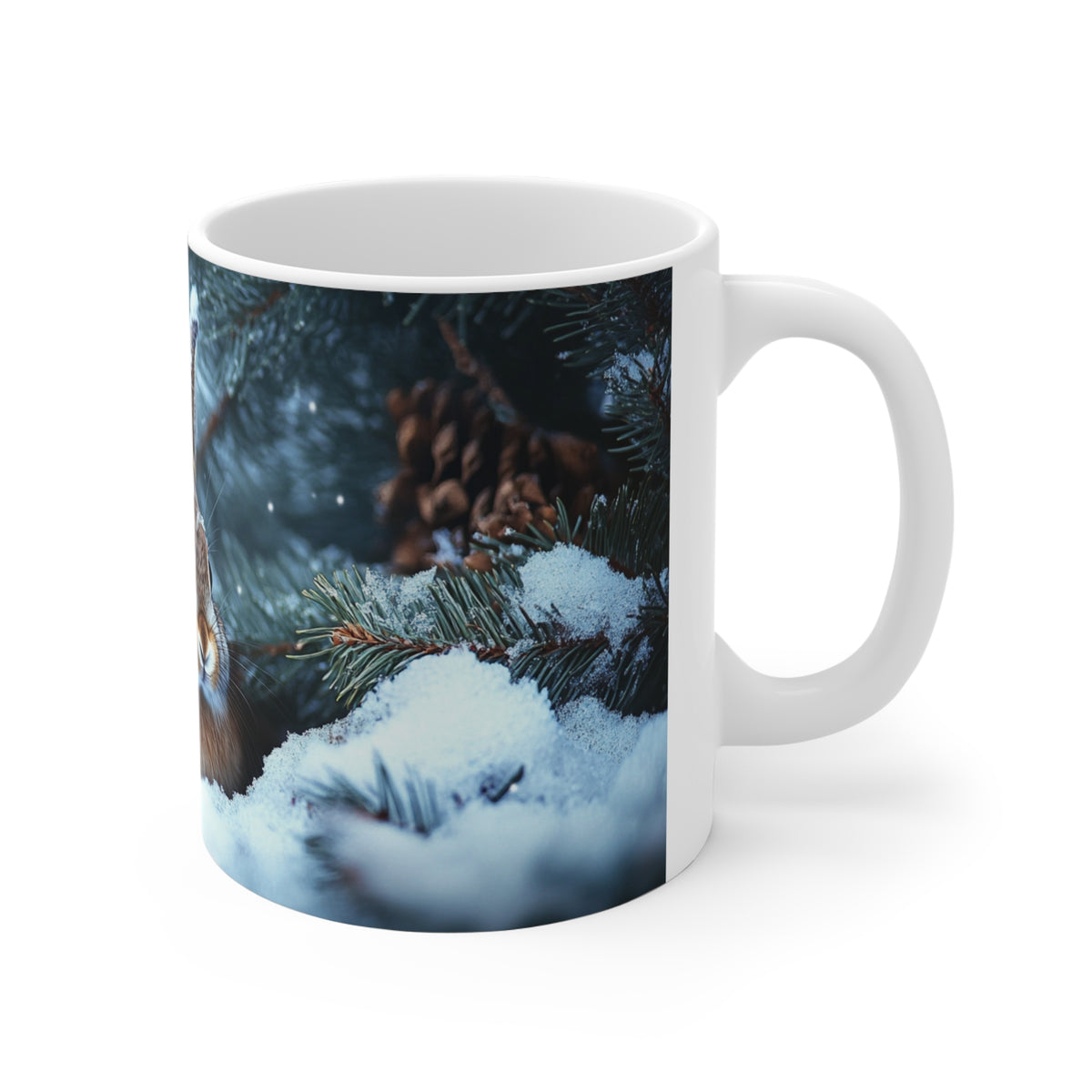 Mug Lapin dans la Neige – Tasse Hiver Forêt Enneigée avec Pommes de Pin – Cadeau Original Amoureux des Lapins et de la Nature