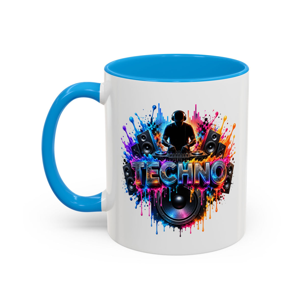 Mug Techno DJ Coloré – Tasse Musique Électronique avec Platines et Enceintes – Cadeau Original Amateur de Techno et de Soirées
