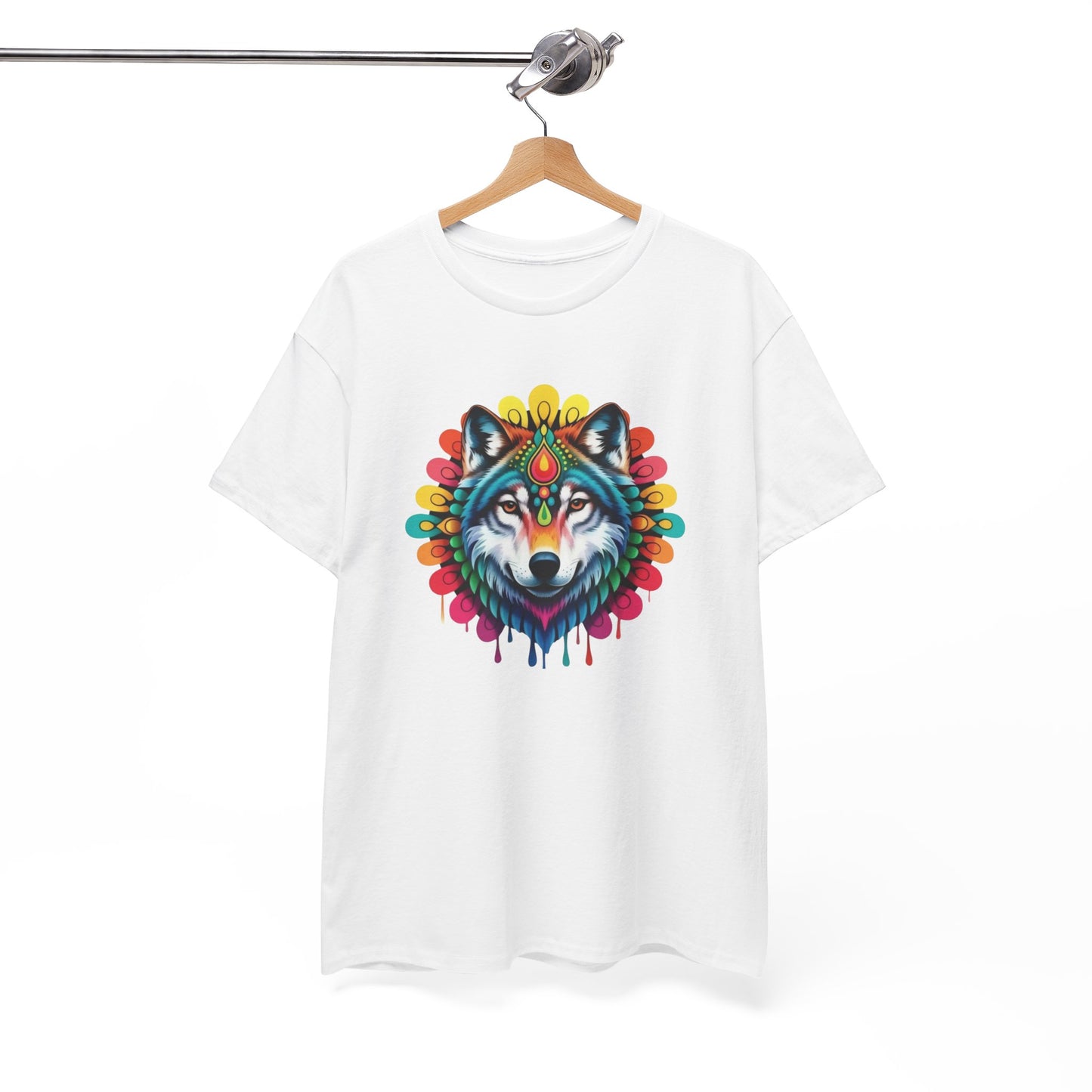 T-Shirt Loup Coloré Mandala – Tee Shirt Wolf Spirituel Tribal – Cadeau Original Animal Mystique Noir Blanc Gris