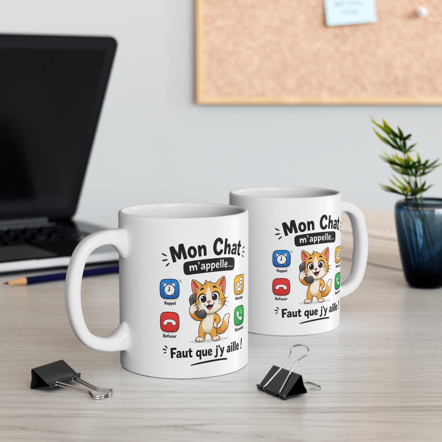 Tasse Mon Chat M’Appelle Faut Que J’y Aille – Mug Humour Chat Téléphone – Cadeau Homme Femme 325ml