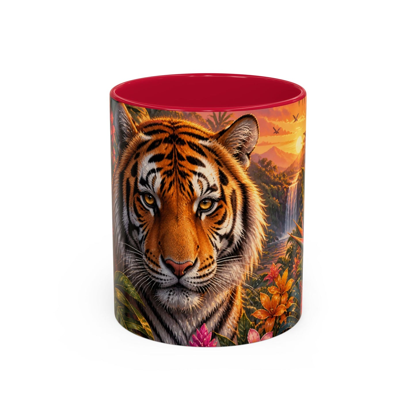 Tasse Tigre Tropical – Mug Jungle avec Tigre Majestueux, Fleurs Exotiques et Cascade au Soleil Couchant – Design Safari 325ml