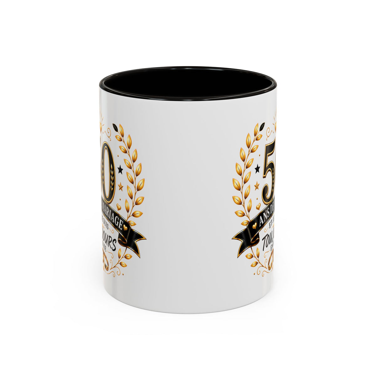 Mug 50 Ans de Mariage et Je Suis Toujours en Vie – Tasse Humoristique Anniversaire de Mariage – Idée Cadeau Couple Noces d’Or noir bleu rouge