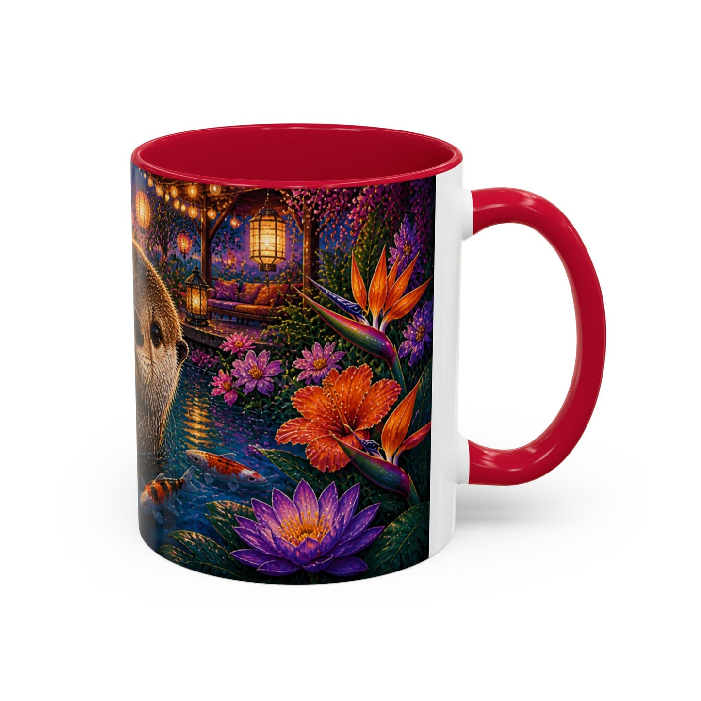 Tasse Loutre et Carpes Koi – Mug Jardin Japonais et Fleurs Tropicales – Design Artistique Relaxant – Céramique 325ml